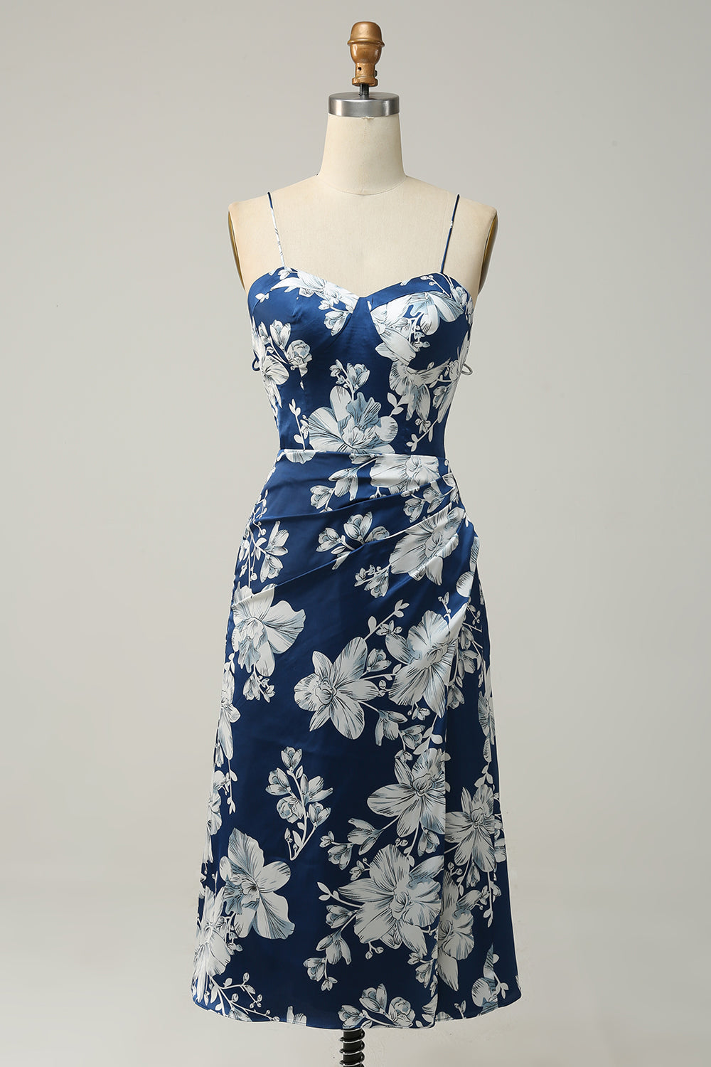 Teelänge Tintenblaues Brautjungfernkleid mit Blumenmuster