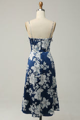 Teelänge Tintenblaues Brautjungfernkleid mit Blumenmuster