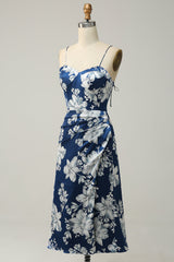 Teelänge Tintenblaues Brautjungfernkleid mit Blumenmuster