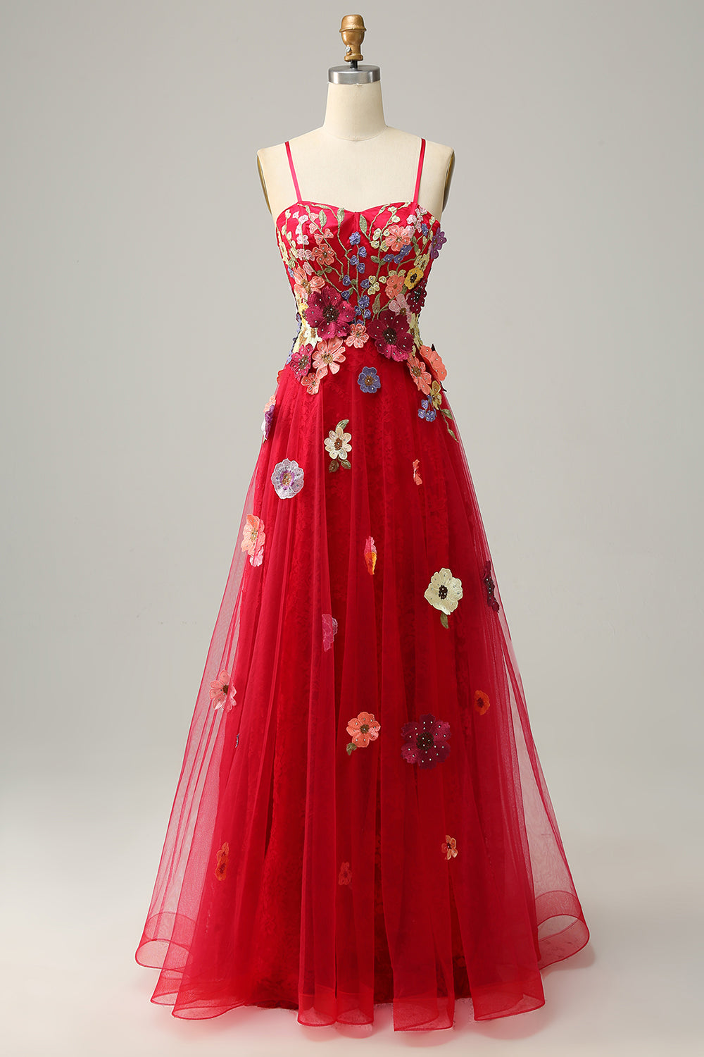A Linie Spaghetti Träger Burgundy Langes Ballkleid mit Applikationen