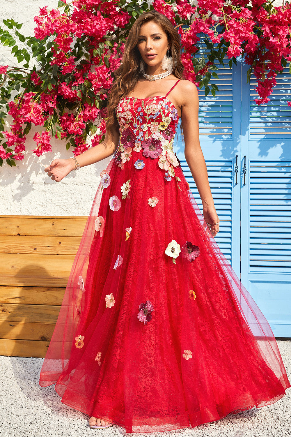 A Linie Spaghetti Träger Burgundy Langes Ballkleid mit Applikationen
