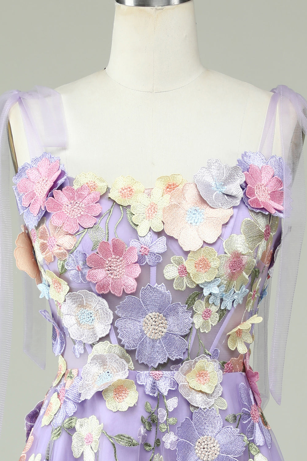 A Linie Spaghetti-Träger Lila Tee Länge Abschlussballkleid mit 3D-Blumen
