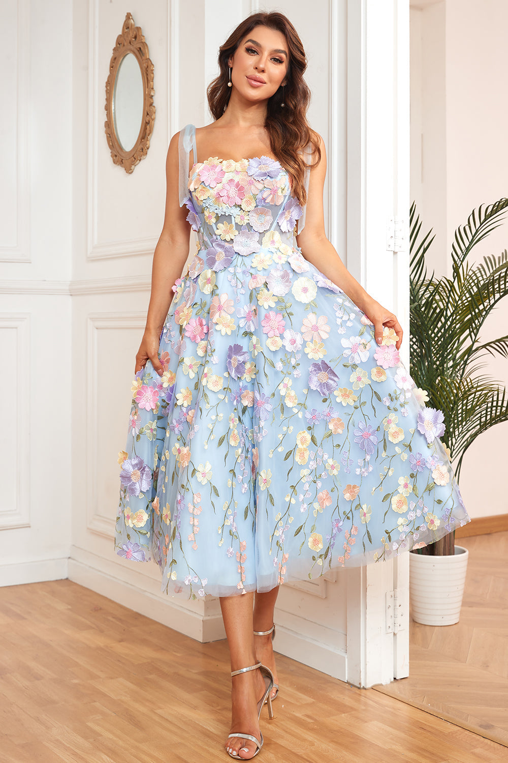 A Linie Spaghetti-Träger Lila Tee Länge Abschlussballkleid mit 3D-Blumen
