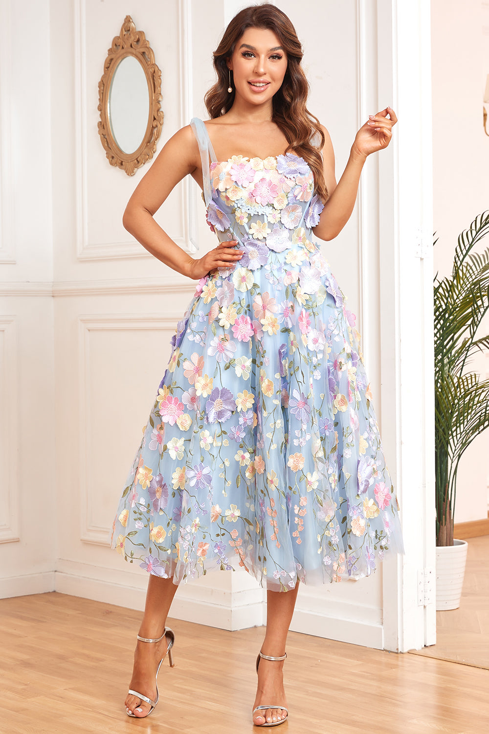 A Linie Spaghetti-Träger Lila Tee Länge Abschlussballkleid mit 3D-Blumen