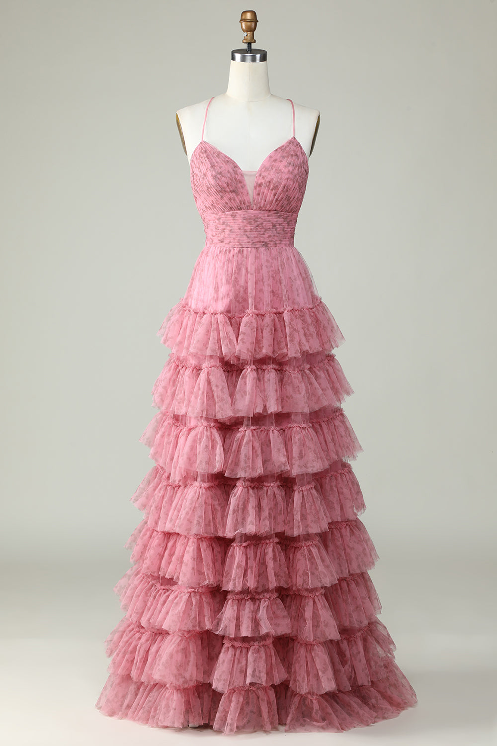 A Line Spaghettiträger geschichtetes rosa Tüll Ballkleid mit Blumendruck