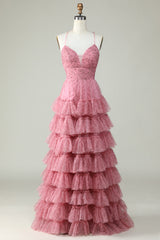 A Line Spaghettiträger geschichtetes rosa Tüll Ballkleid mit Blumendruck