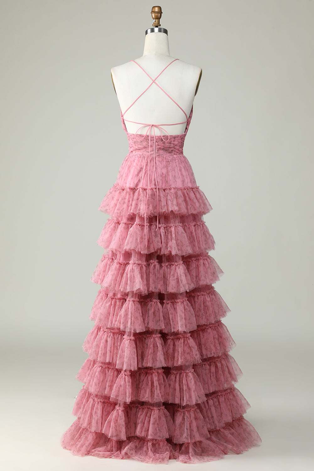 A Line Spaghettiträger geschichtetes rosa Tüll Ballkleid mit Blumendruck