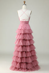 A Line Spaghettiträger geschichtetes rosa Tüll Ballkleid mit Blumendruck