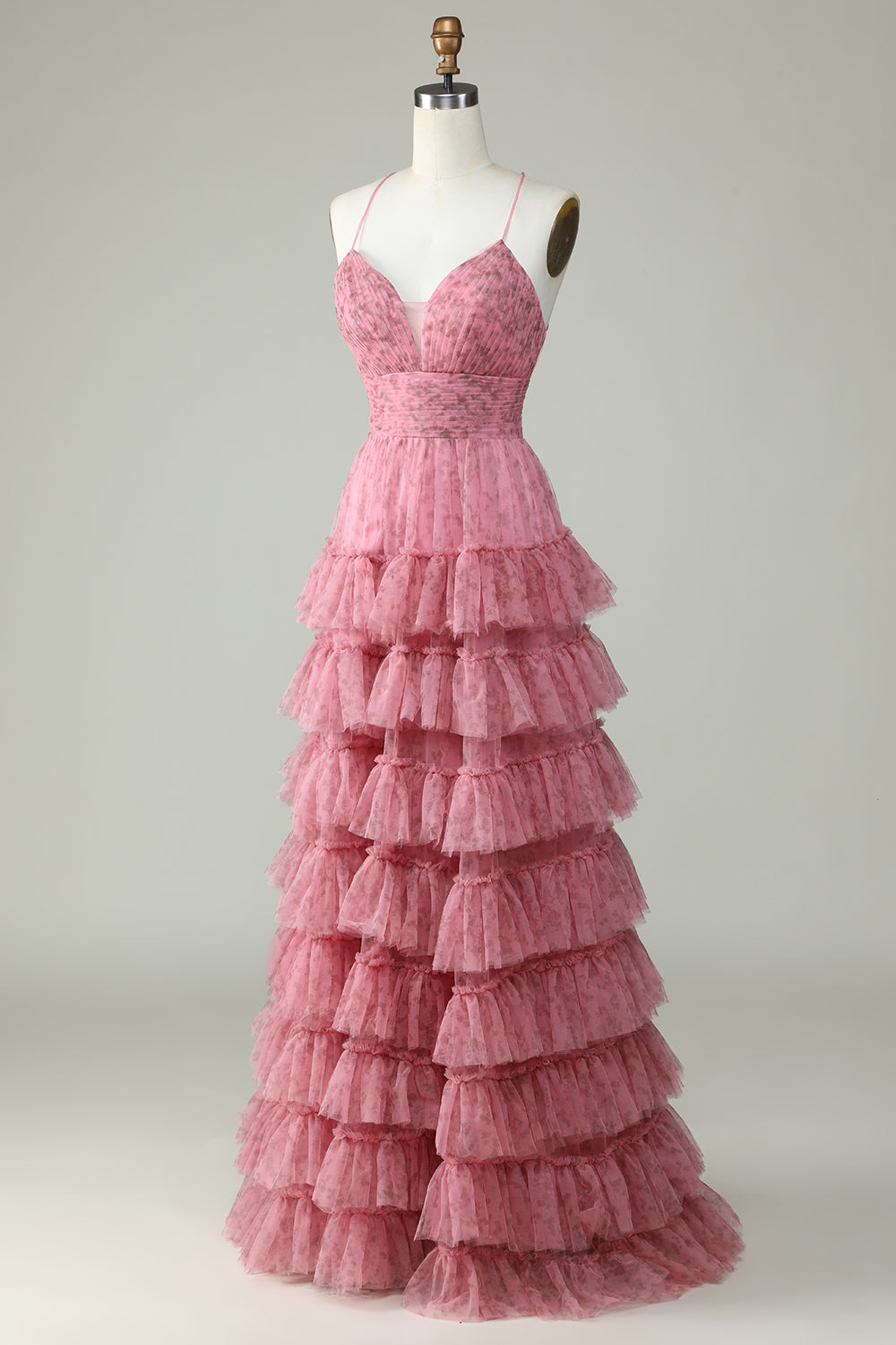 A Line Spaghettiträger geschichtetes rosa Tüll Ballkleid mit Blumendruck
