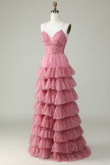 A Line Spaghettiträger geschichtetes rosa Tüll Ballkleid mit Blumendruck