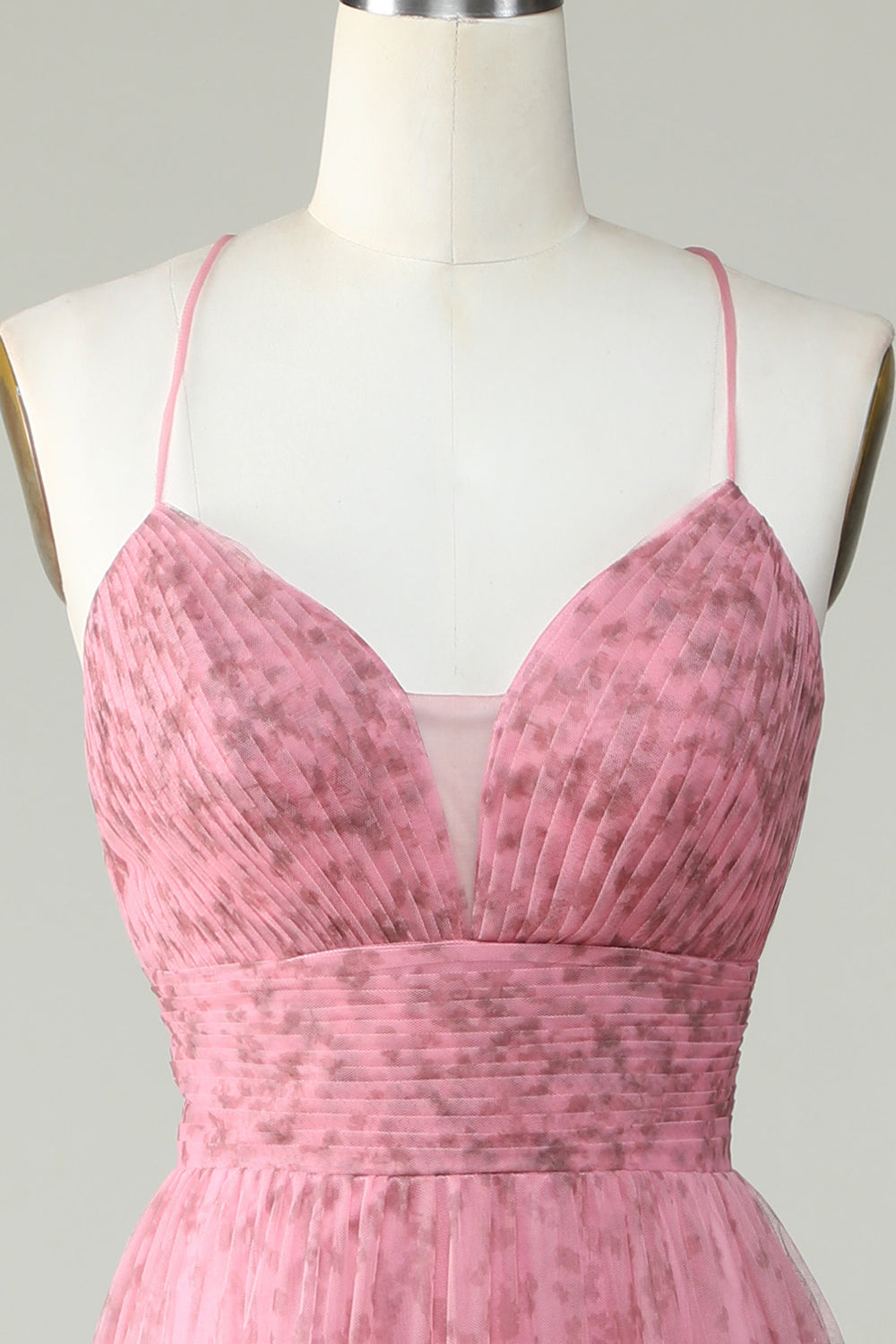 A Line Spaghettiträger geschichtetes rosa Tüll Ballkleid mit Blumendruck