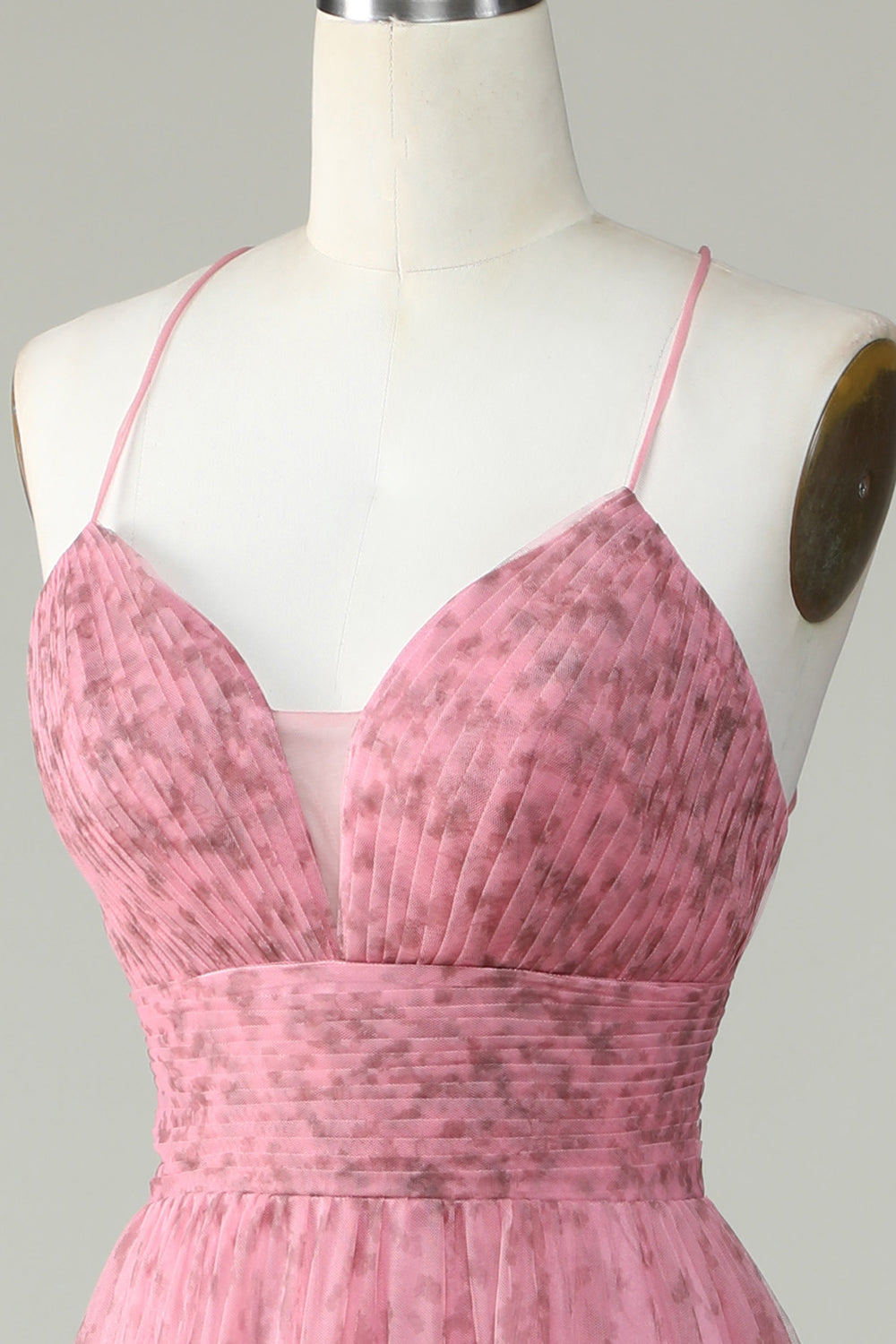 A Line Spaghettiträger geschichtetes rosa Tüll Ballkleid mit Blumendruck