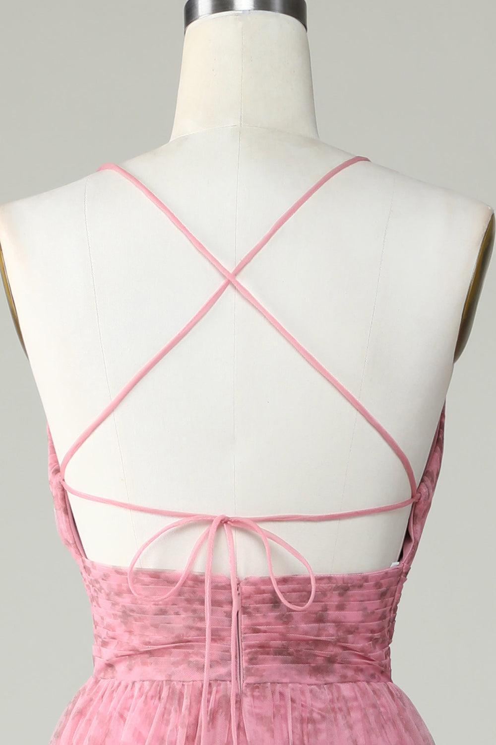 A Line Spaghettiträger geschichtetes rosa Tüll Ballkleid mit Blumendruck
