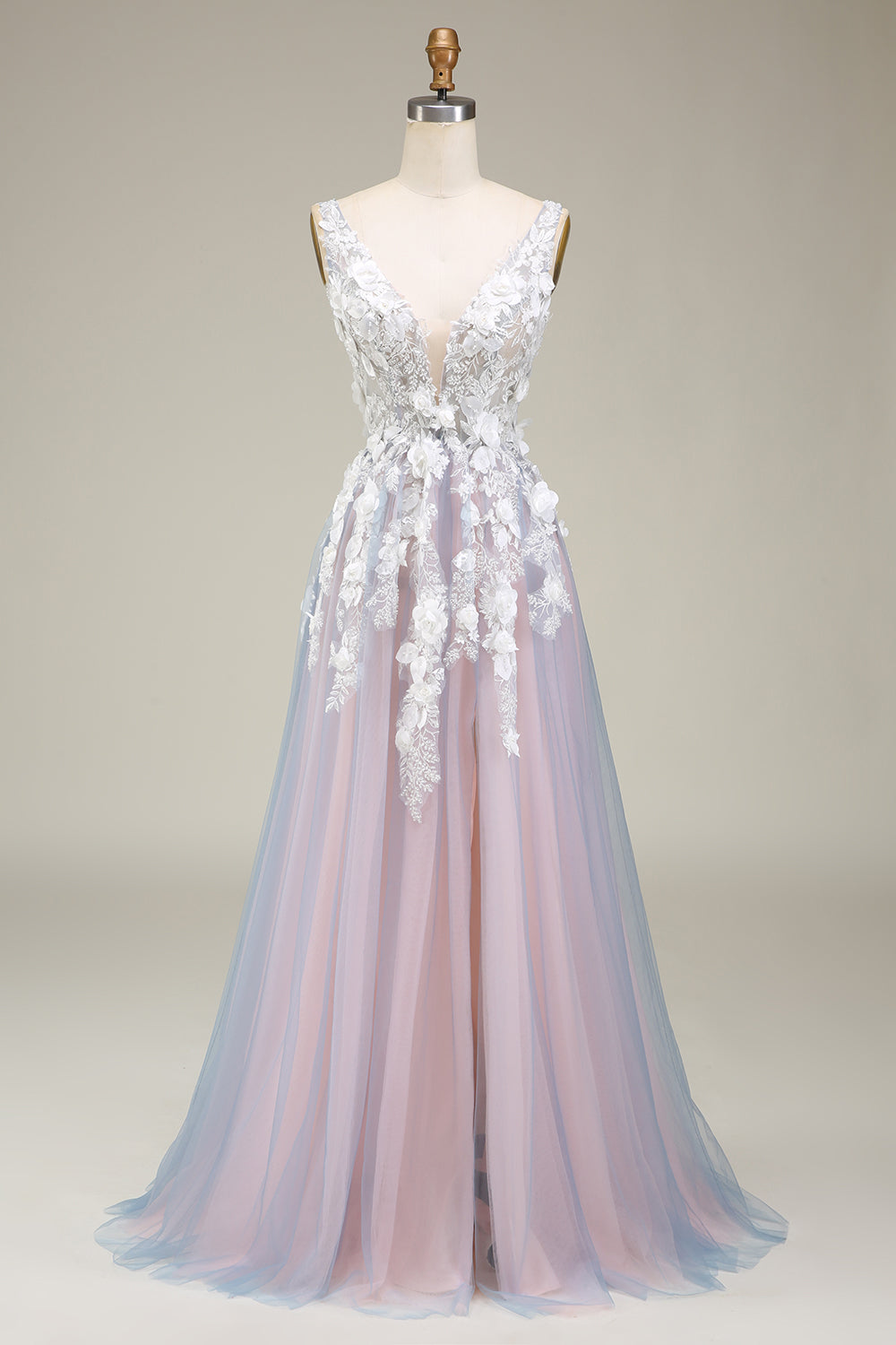 A Linie Tief V-Ausschnitt Langes Ballkleid mit Applikationen Grau Rosa