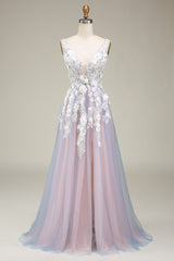 A Linie Tief V-Ausschnitt Langes Ballkleid mit Applikationen Grau Rosa