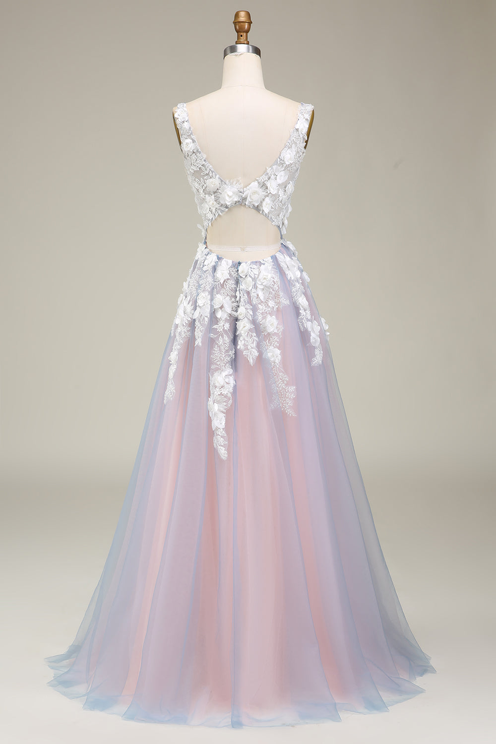 A Linie Tief V-Ausschnitt Langes Ballkleid mit Applikationen Grau Rosa