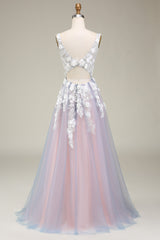 A Linie Tief V-Ausschnitt Langes Ballkleid mit Applikationen Grau Rosa