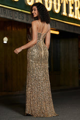Funkelndes Mermaid Goldenes langes Fransen Ballkleid mit Schlitz