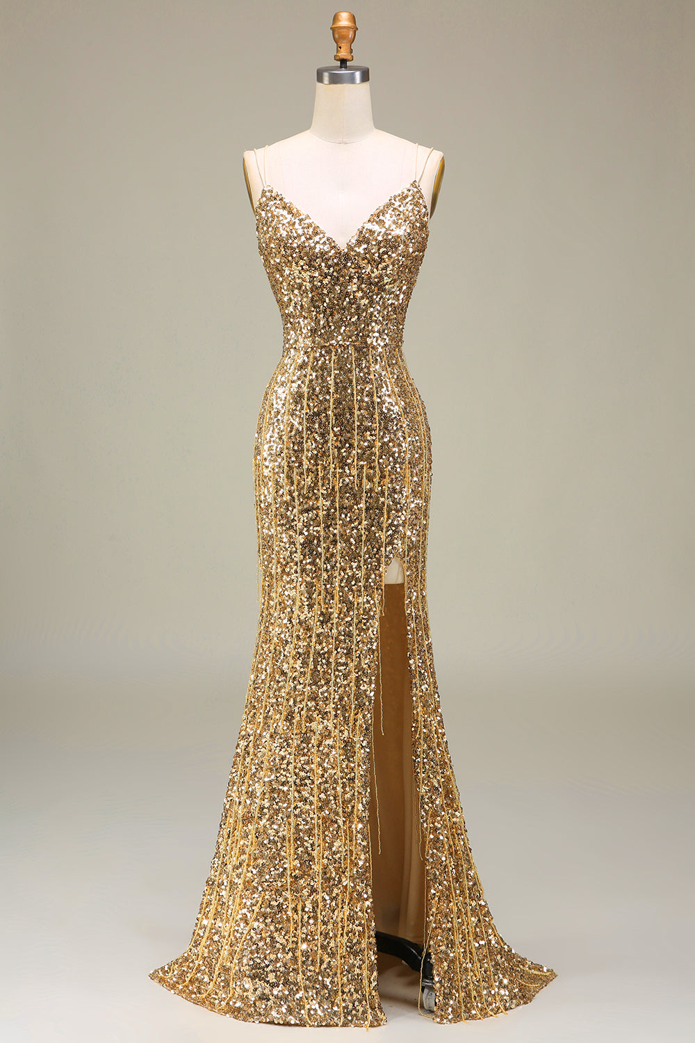 Funkelnd Mermaid Goldenes langes Ballkleid mit Schlitz