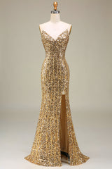 Funkelnd Mermaid Goldenes langes Ballkleid mit Schlitz