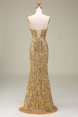 Funkelnd Mermaid Goldenes langes Ballkleid mit Schlitz