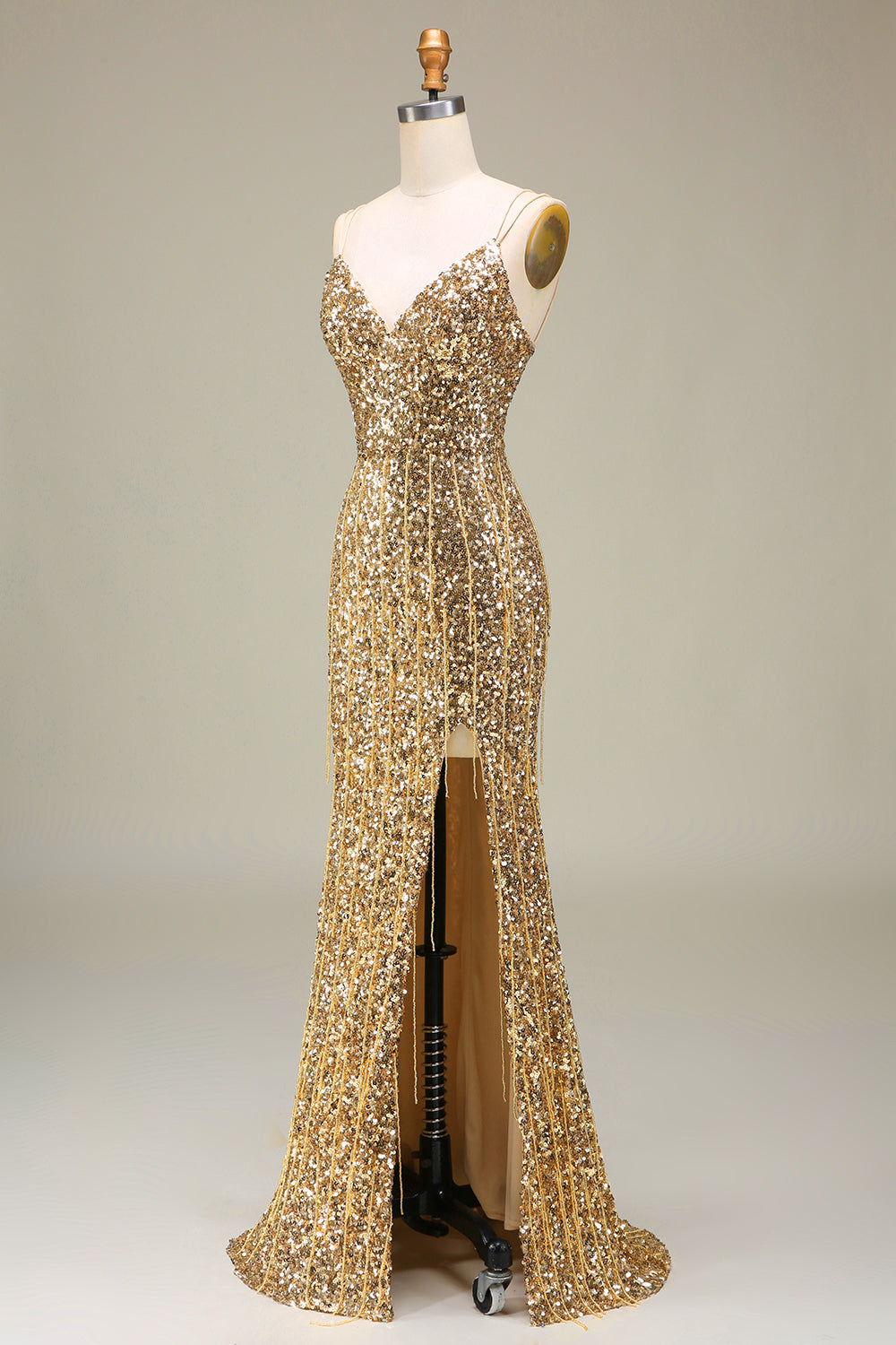 Funkelnd Mermaid Goldenes langes Ballkleid mit Schlitz