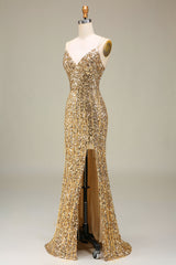 Funkelnd Mermaid Goldenes langes Ballkleid mit Schlitz