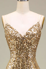 Funkelnd Mermaid Goldenes langes Ballkleid mit Schlitz