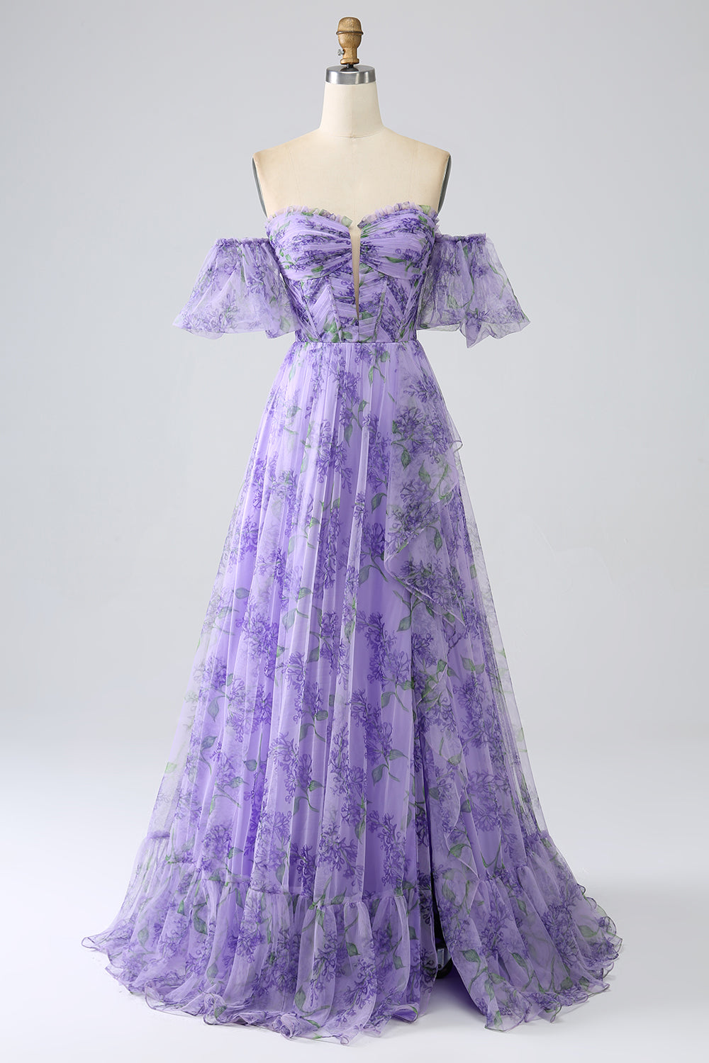 Bedrucktes schulterfreies Lavendel Ballkleid in A-Linie mit abnehmbaren Ärmeln