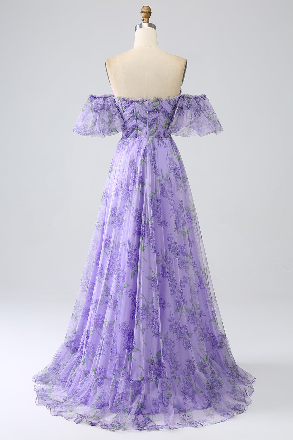 Bedrucktes schulterfreies Lavendel Ballkleid in A-Linie mit abnehmbaren Ärmeln