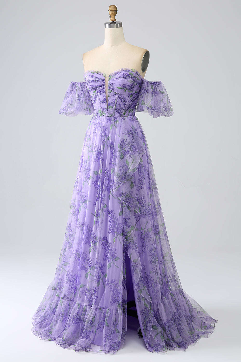 Bedrucktes schulterfreies Lavendel Ballkleid in A-Linie mit abnehmbaren Ärmeln