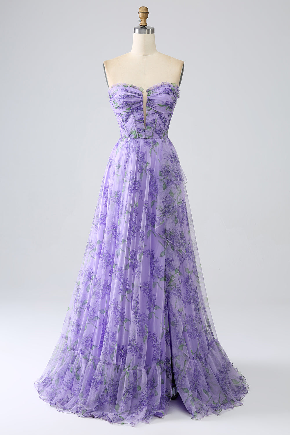 Bedrucktes schulterfreies Lavendel Ballkleid in A-Linie mit abnehmbaren Ärmeln