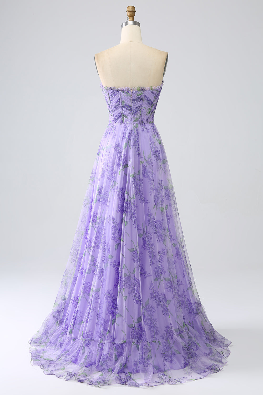 Bedrucktes schulterfreies Lavendel Ballkleid in A-Linie mit abnehmbaren Ärmeln