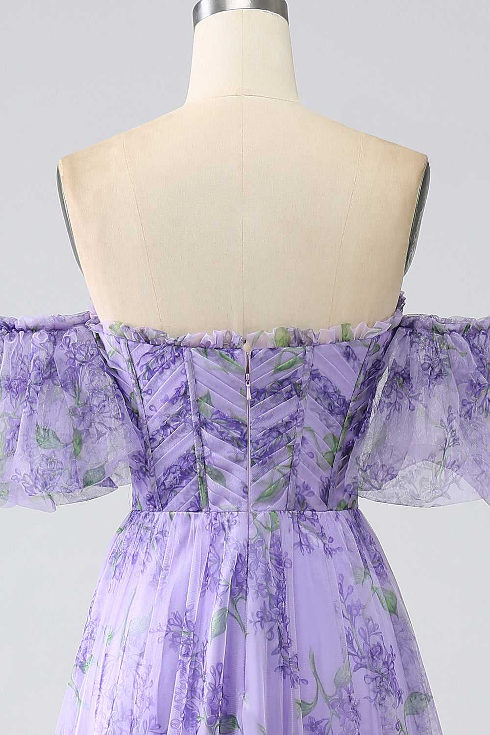Bedrucktes schulterfreies Lavendel Ballkleid in A-Linie mit abnehmbaren Ärmeln