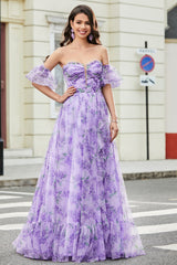 Laveendel bedrucktes A-Linie Ballkleid mit abnehmbaren Ärmeln