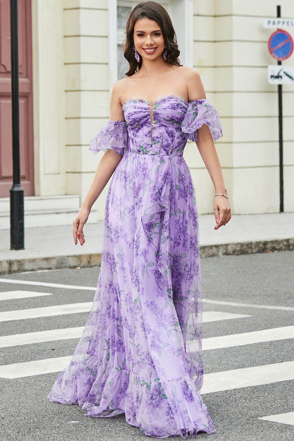Laveendel bedrucktes A-Linie Ballkleid mit abnehmbaren Ärmeln