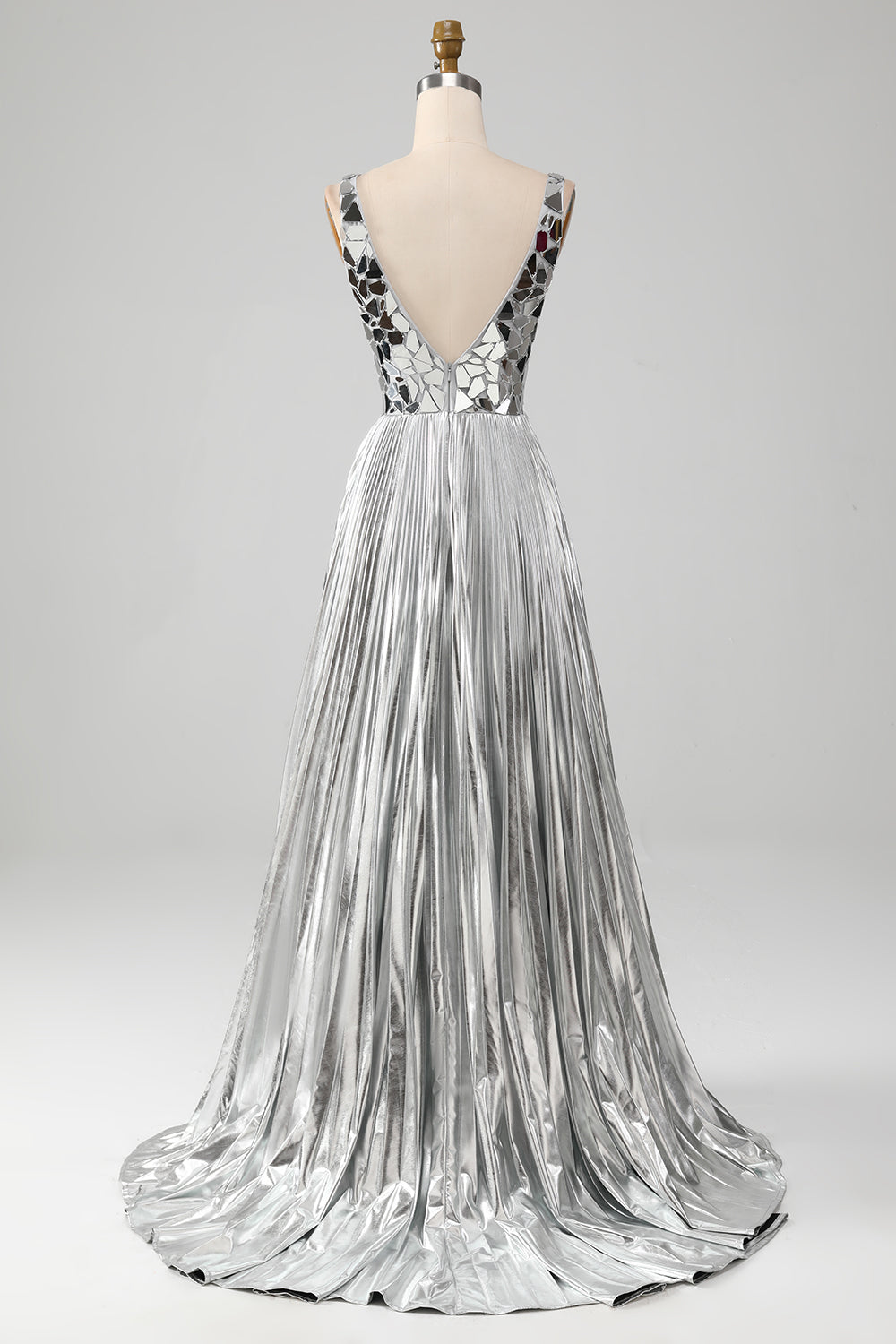 Funkelndes A Linie Goldenes langes Ballkleid mit tiefem V-Ausschnitt und Schlitz