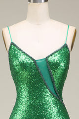 Glitzerndes Meerjungfrauen Spaghettiträger Kleid mit grünen Pailletten und langem Ballkleid mit Schlitz vorne