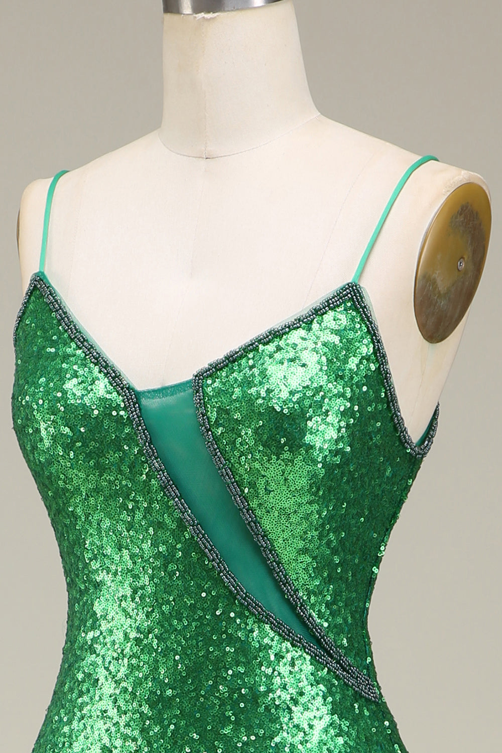 Glitzerndes Meerjungfrauen Spaghettiträger Kleid mit grünen Pailletten und langem Ballkleid mit Schlitz vorne