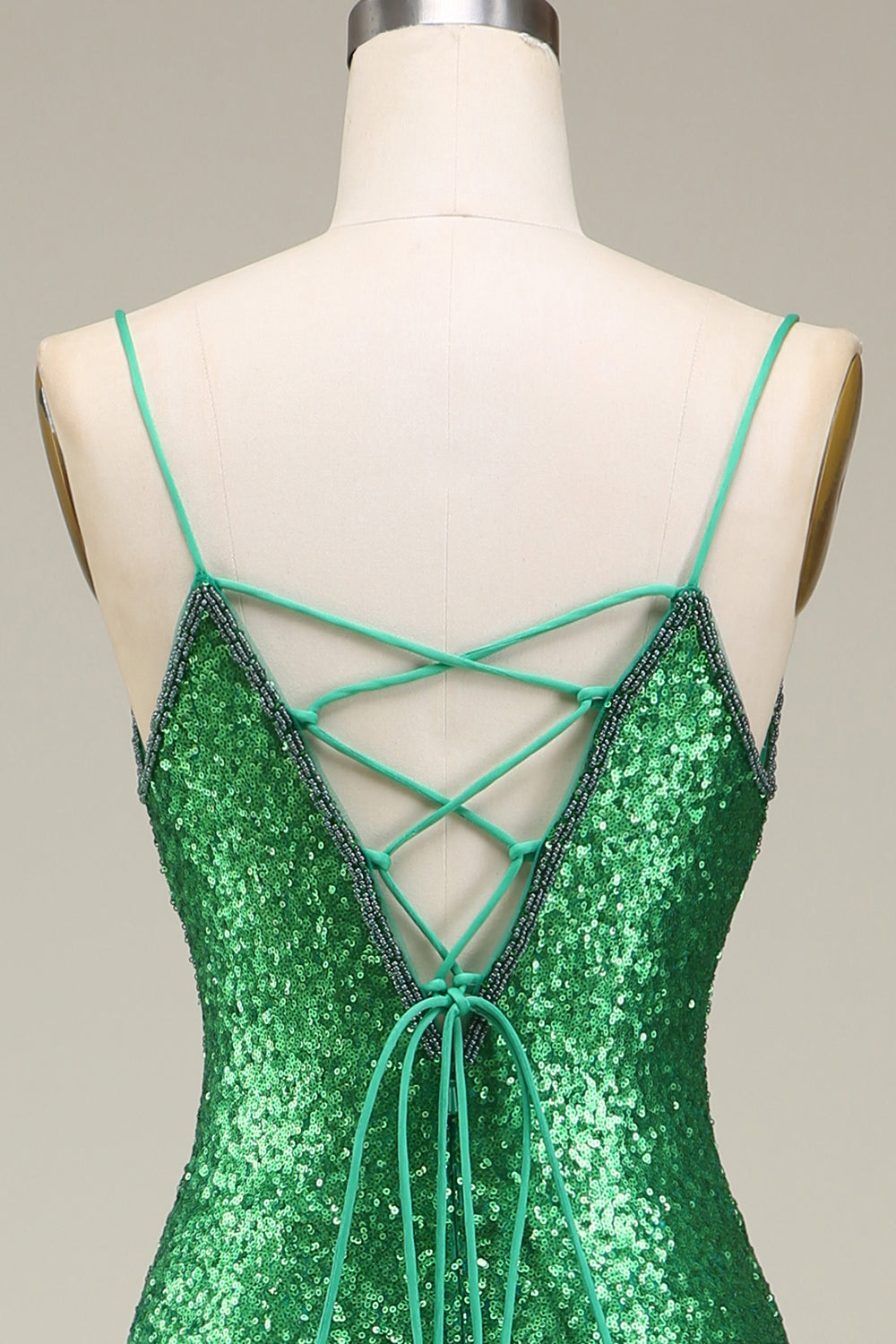 Glitzerndes Meerjungfrauen Spaghettiträger Kleid mit grünen Pailletten und langem Ballkleid mit Schlitz vorne