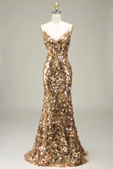 Glitzerndes goldenes Meerjungfrauen Pailletten Ballkleid mit Schlitz