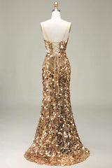 Glitzerndes goldenes Meerjungfrauen Pailletten Ballkleid mit Schlitz