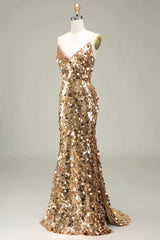 Glitzerndes goldenes Meerjungfrauen Pailletten Ballkleid mit Schlitz