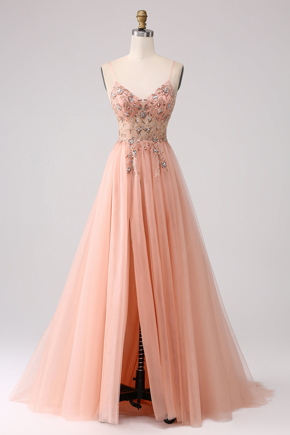 Glitzerndes Blush A-Linie Pailletten Spaghettiträger Langes Ballkleid mit Schlitz