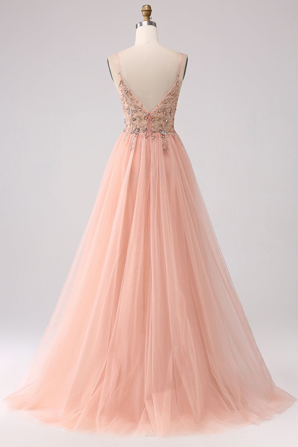 Glitzerndes Blush A-Linie Pailletten Spaghettiträger Langes Ballkleid mit Schlitz