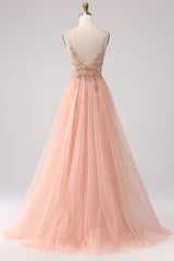Glitzerndes Blush A-Linie Pailletten Spaghettiträger Langes Ballkleid mit Schlitz