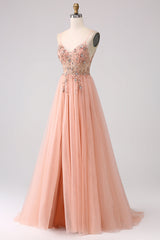 Glitzerndes Blush A-Linie Pailletten Spaghettiträger Langes Ballkleid mit Schlitz