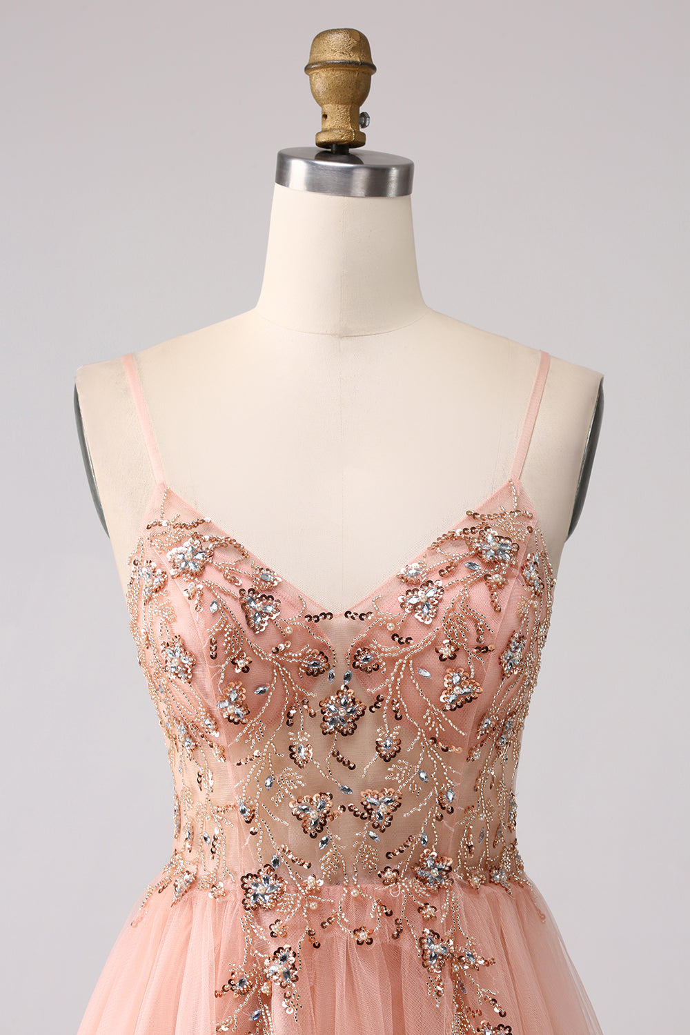 Glitzerndes Blush A-Linie Pailletten Spaghettiträger Langes Ballkleid mit Schlitz
