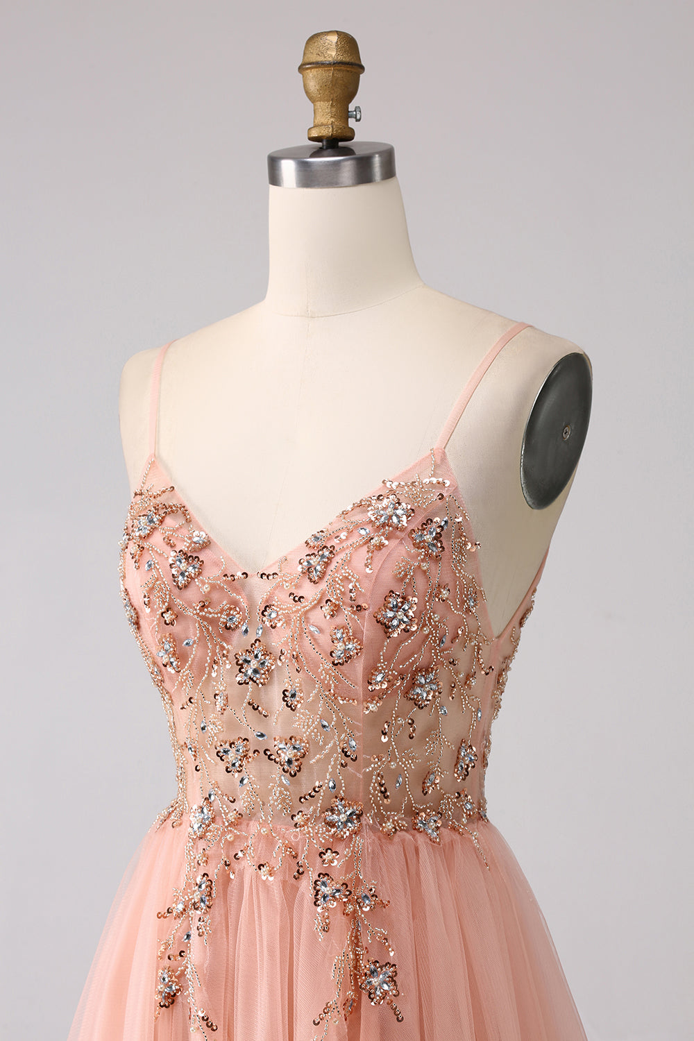 Glitzerndes Blush A-Linie Pailletten Spaghettiträger Langes Ballkleid mit Schlitz