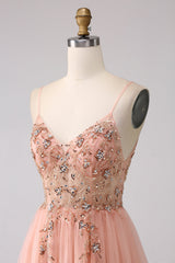 Glitzerndes Blush A-Linie Pailletten Spaghettiträger Langes Ballkleid mit Schlitz